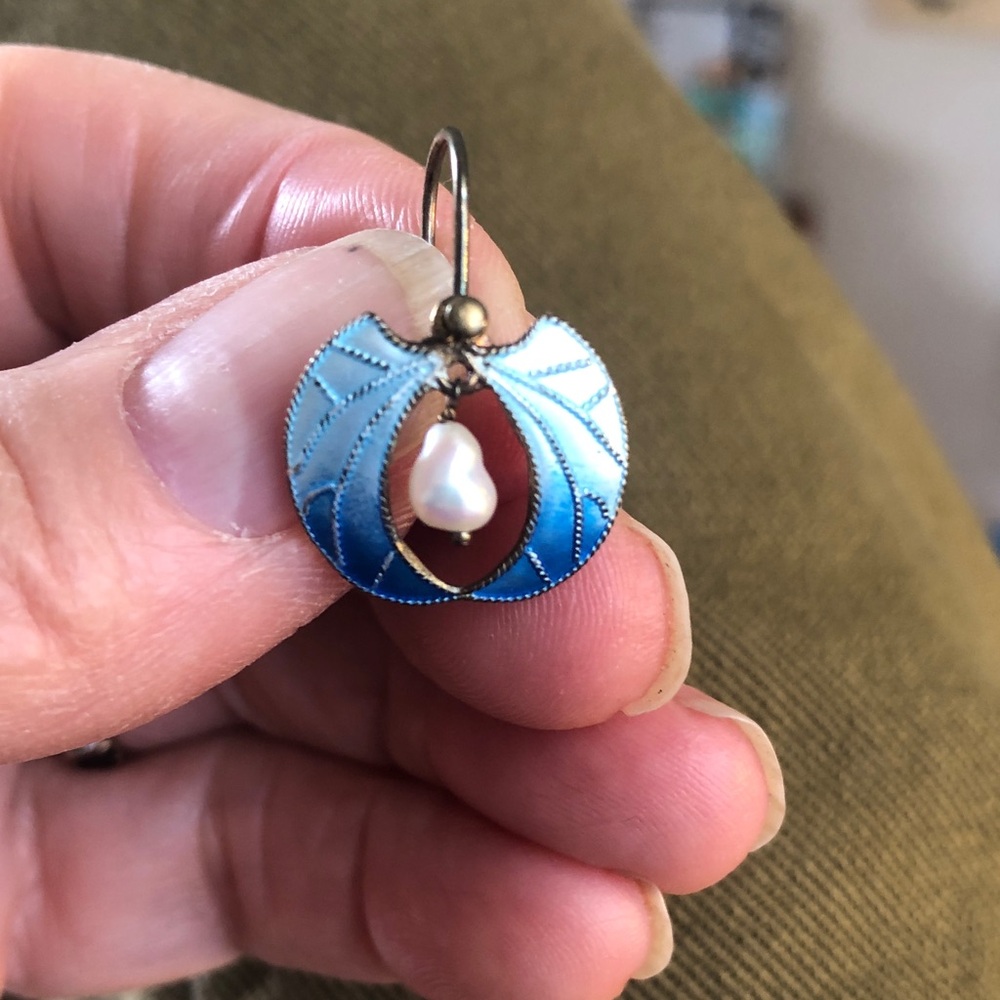 Blue enamel earrings w pearl